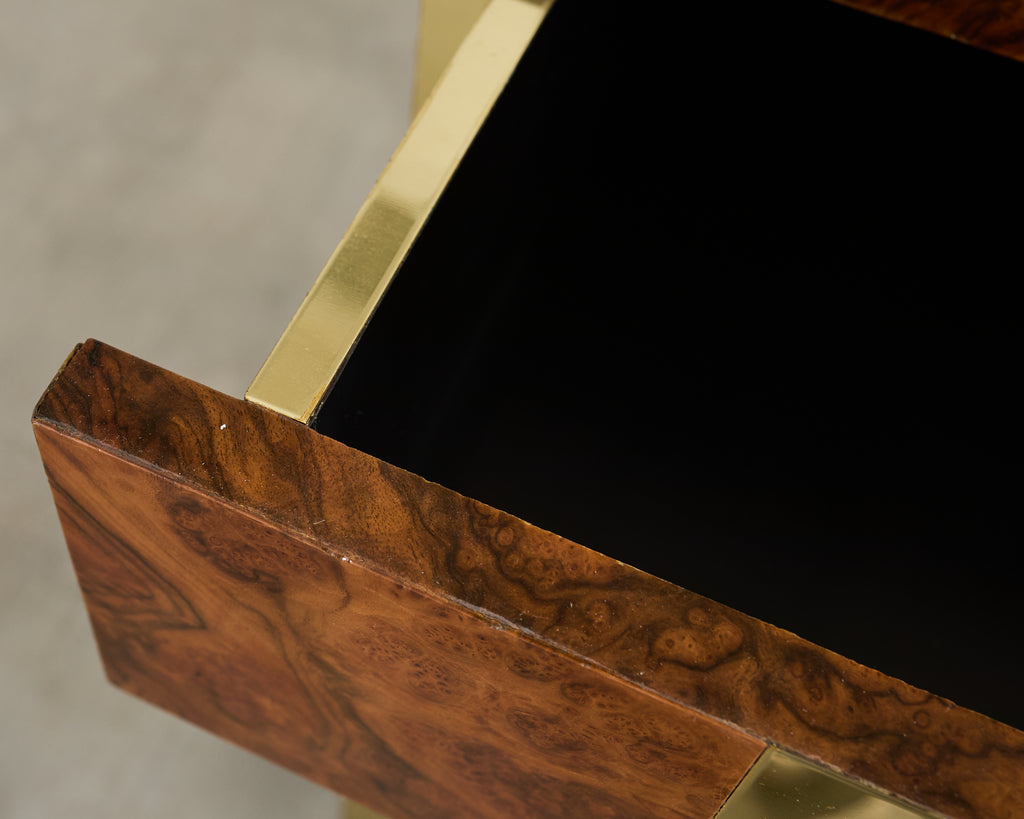 Pair of Paul Evans Signed Cityscape Burl Walnut Brass Cabinets