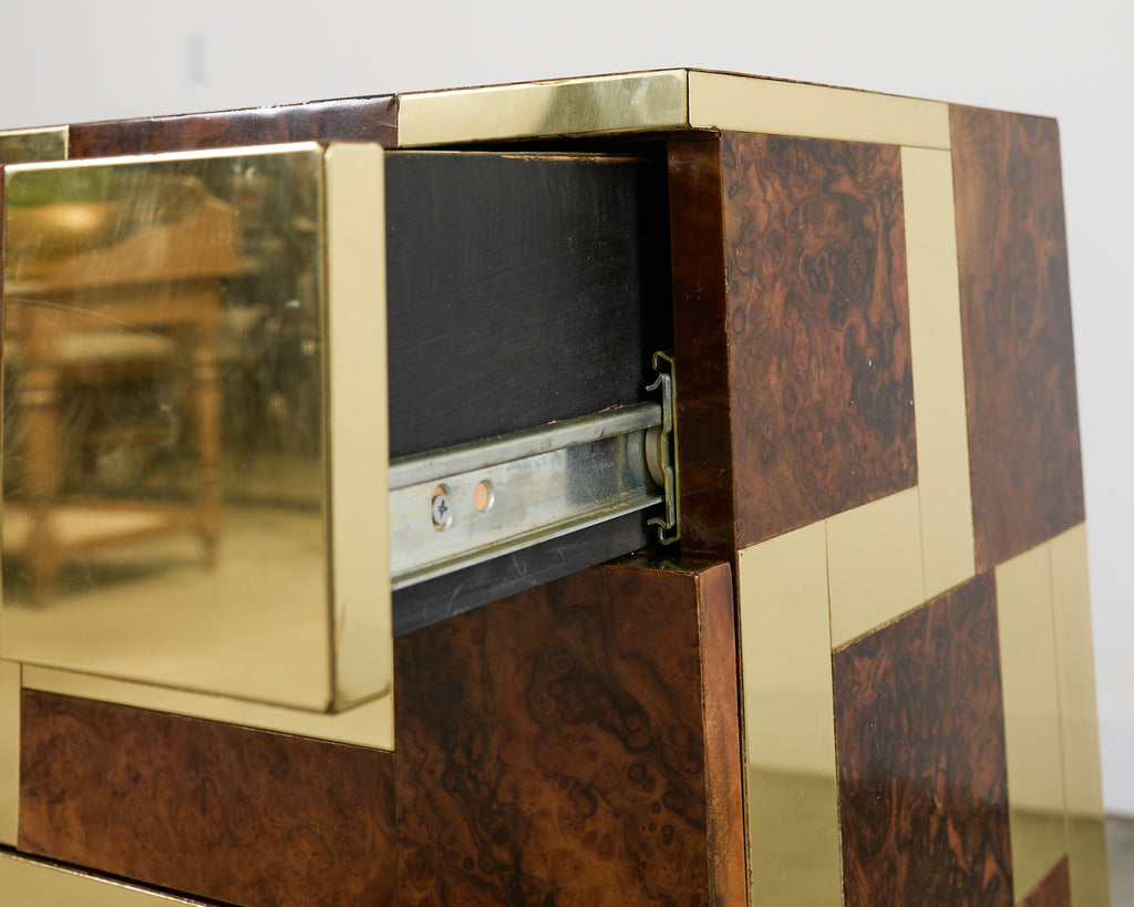 Pair of Paul Evans Signed Cityscape Burl Walnut Brass Cabinets
