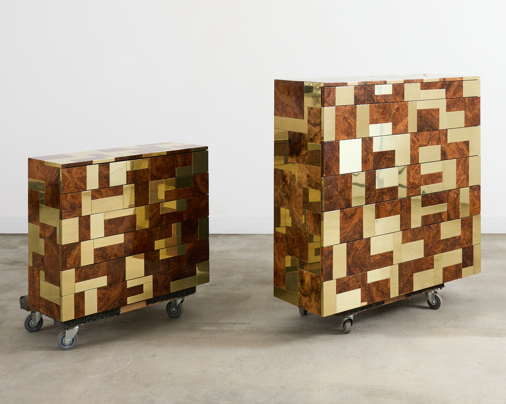 Pair of Paul Evans Signed Cityscape Burl Walnut Brass Cabinets