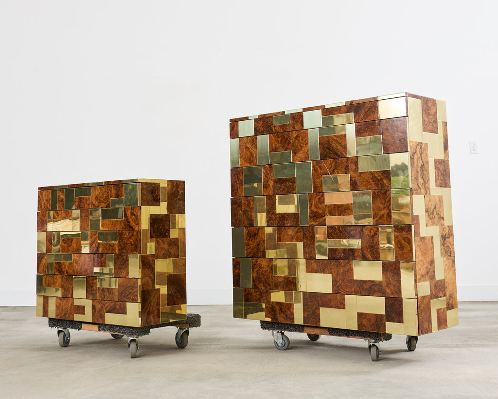 Pair of Paul Evans Signed Cityscape Burl Walnut Brass Cabinets