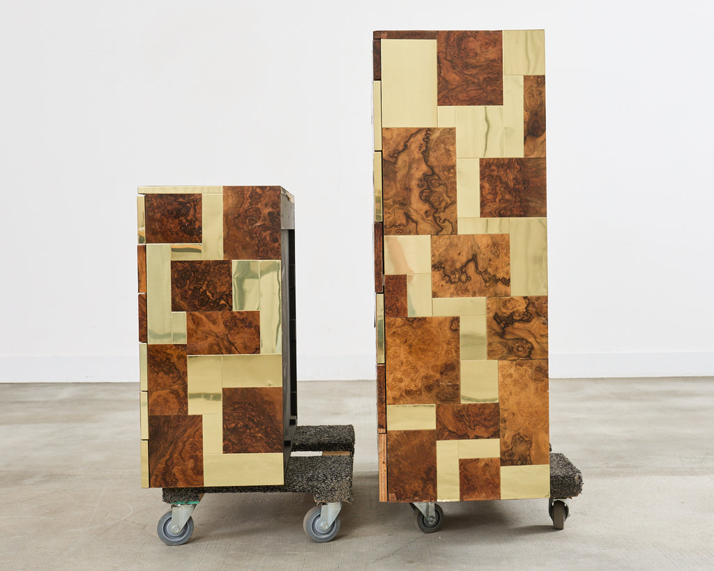 Pair of Paul Evans Signed Cityscape Burl Walnut Brass Cabinets
