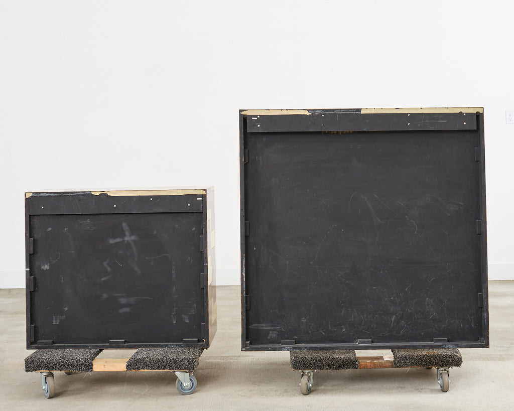 Pair of Paul Evans Signed Cityscape Burl Walnut Brass Cabinets