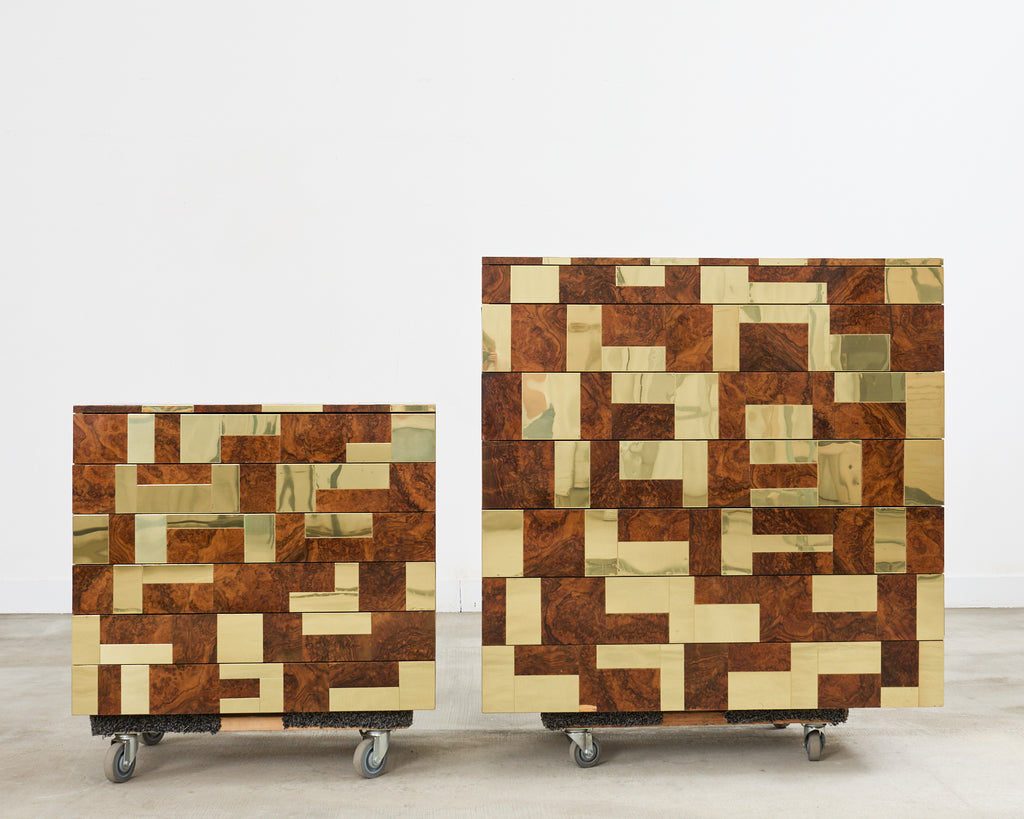 Pair of Paul Evans Signed Cityscape Burl Walnut Brass Cabinets