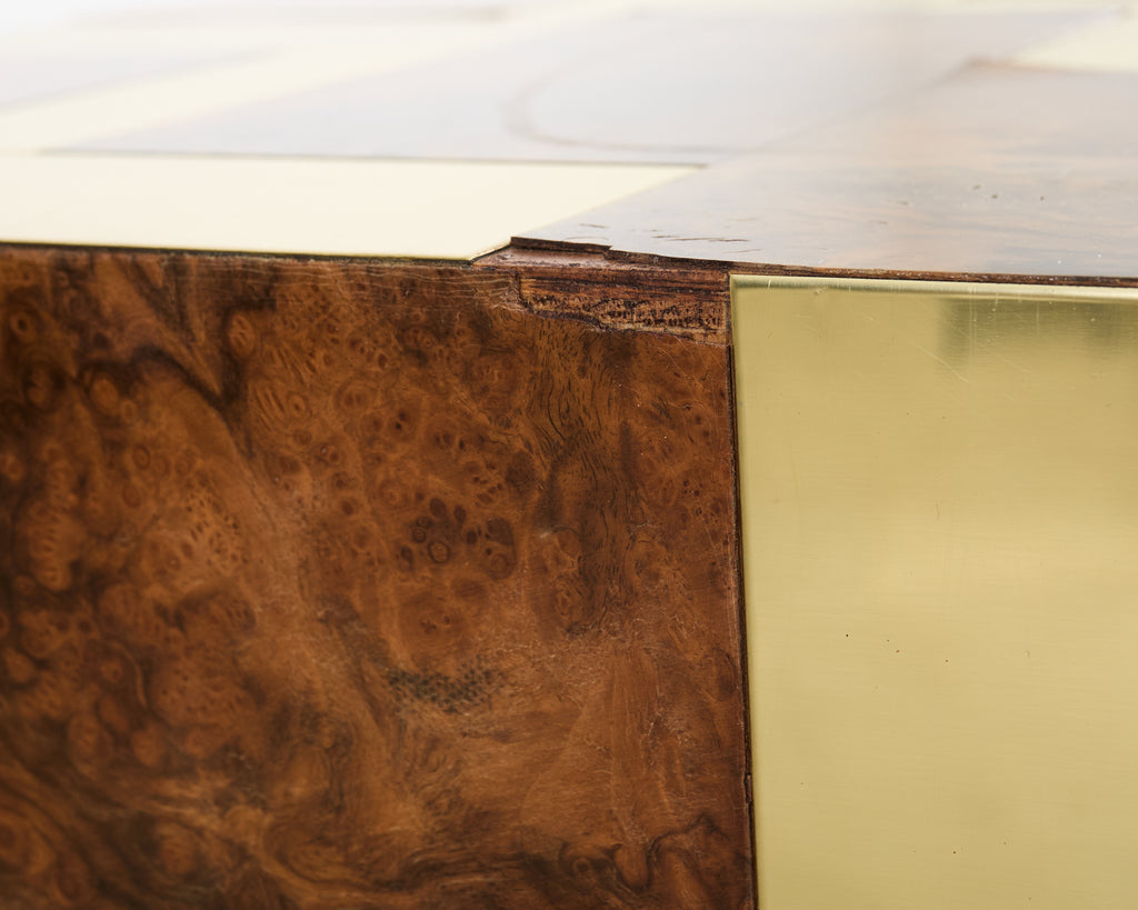 Pair of Paul Evans Signed Cityscape Burl Walnut Brass Cabinets