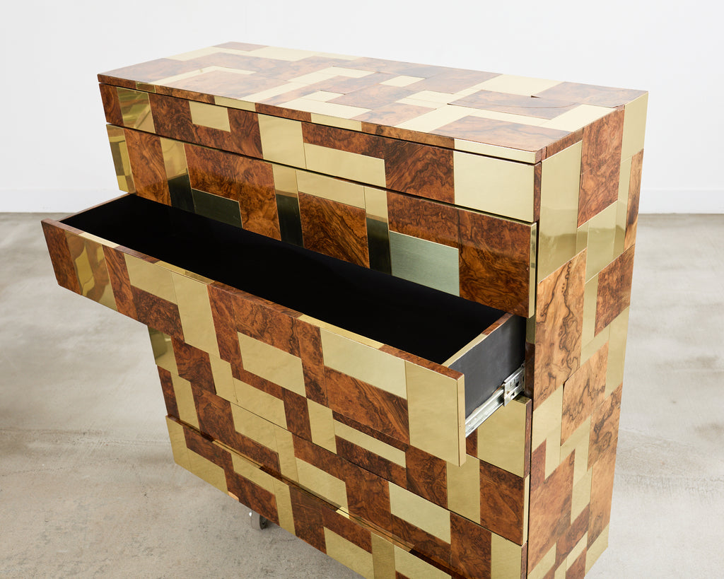 Pair of Paul Evans Signed Cityscape Burl Walnut Brass Cabinets