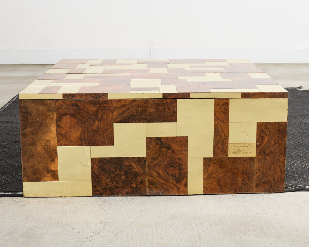 Pair of Paul Evans Signed Cityscape Burl Walnut Brass Cabinets