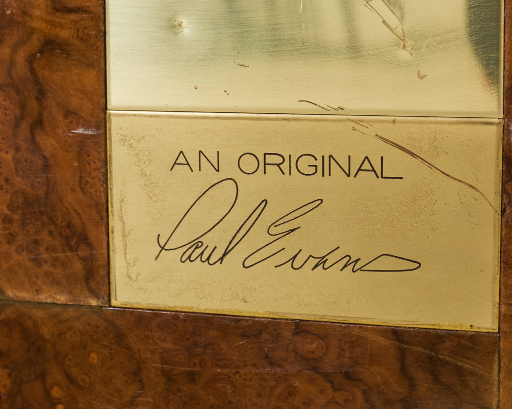 Pair of Paul Evans Signed Cityscape Burl Walnut Brass Cabinets