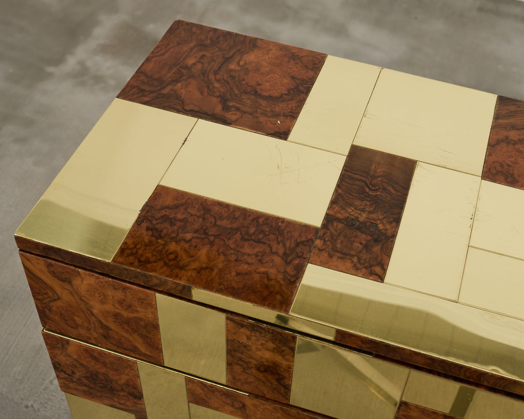 Pair of Paul Evans Signed Cityscape Burl Walnut Brass Cabinets