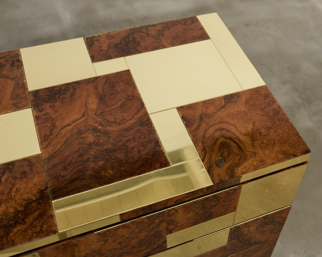 Pair of Paul Evans Signed Cityscape Burl Walnut Brass Cabinets