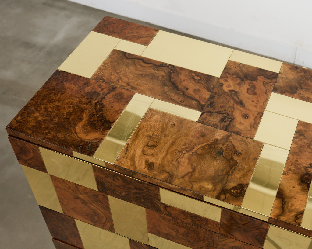 Pair of Paul Evans Signed Cityscape Burl Walnut Brass Cabinets