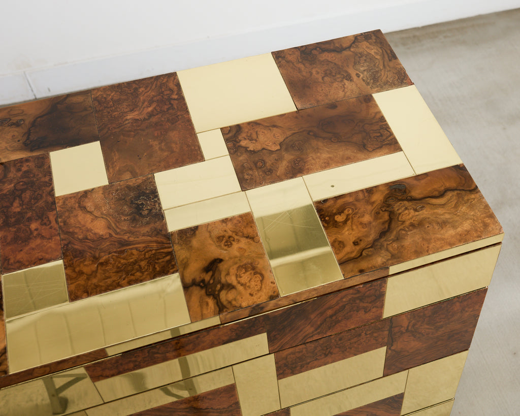 Pair of Paul Evans Signed Cityscape Burl Walnut Brass Cabinets