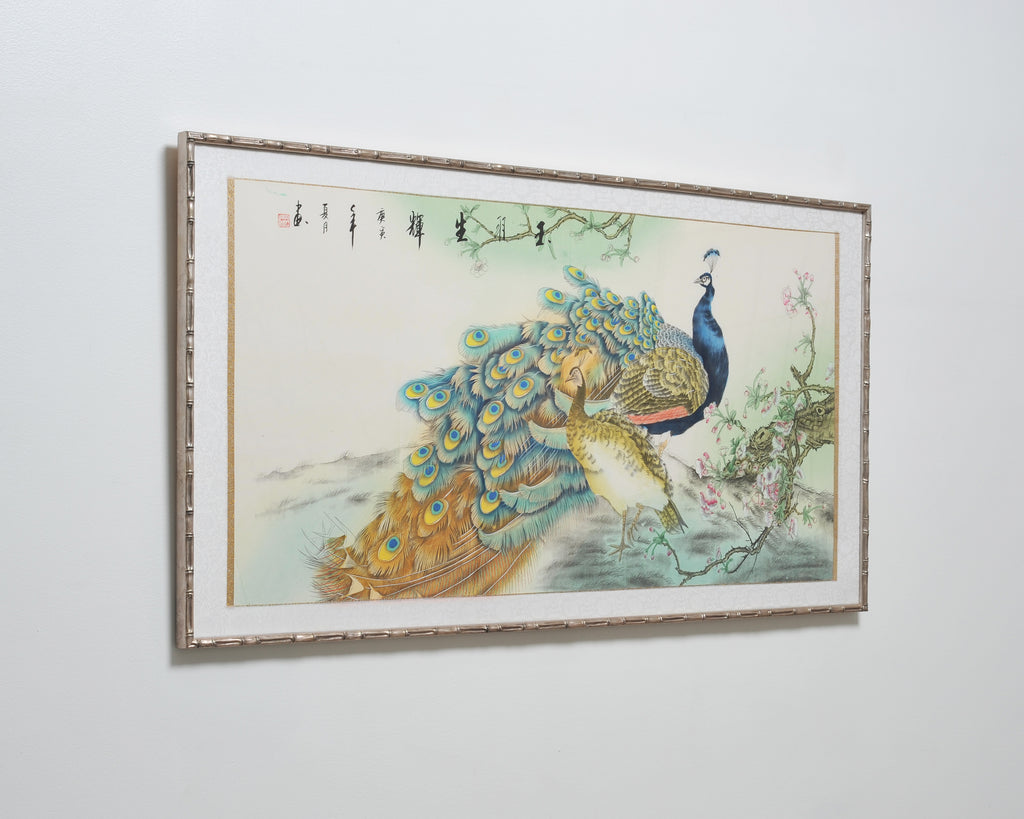 20th C. Chinese Export Pair of Peacocks and Flowers Painting