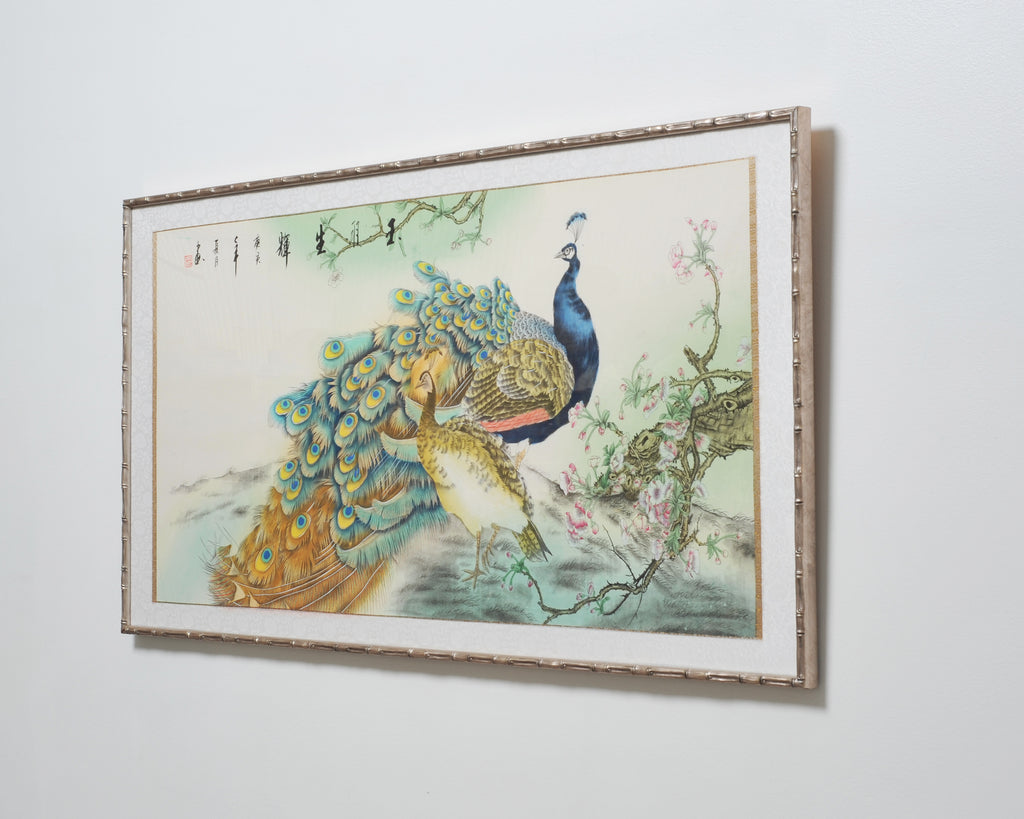 20th C. Chinese Export Pair of Peacocks and Flowers Painting