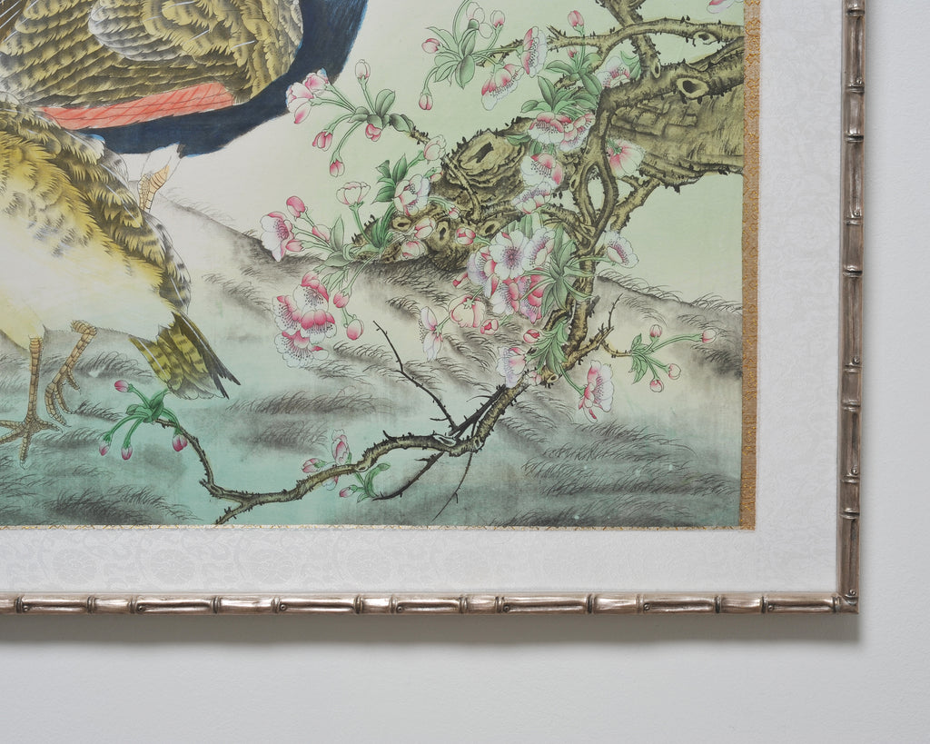 20th C. Chinese Export Pair of Peacocks and Flowers Painting