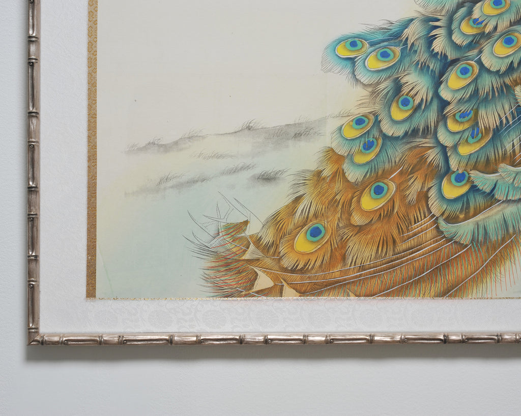 20th C. Chinese Export Pair of Peacocks and Flowers Painting