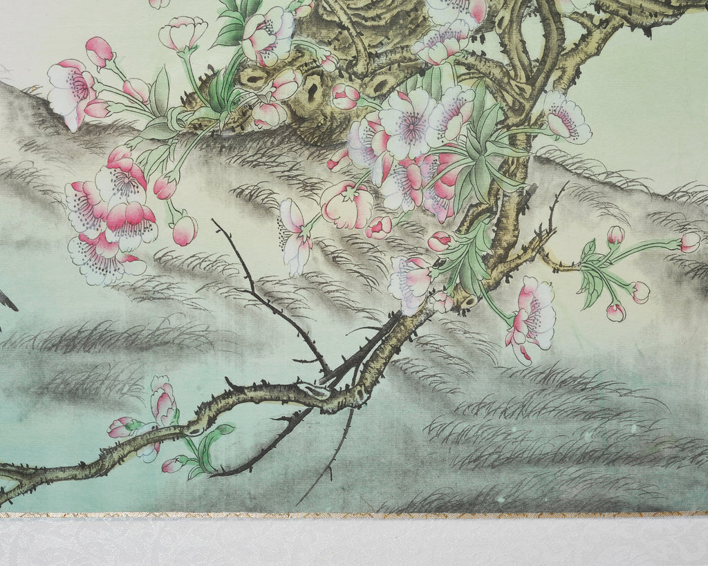 20th C. Chinese Export Pair of Peacocks and Flowers Painting