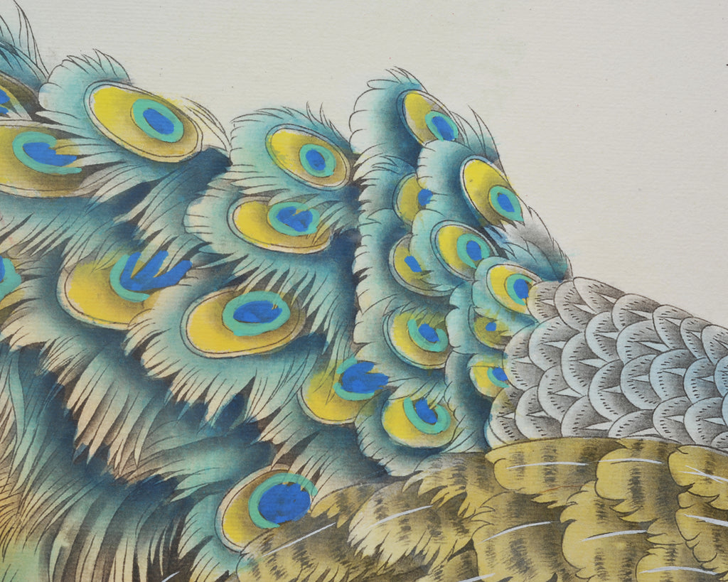 20th C. Chinese Export Pair of Peacocks and Flowers Painting