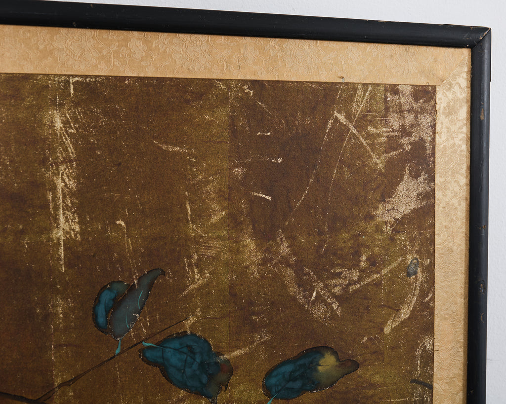 Japanese Showa Painted Panel Screen Persimmon Branch