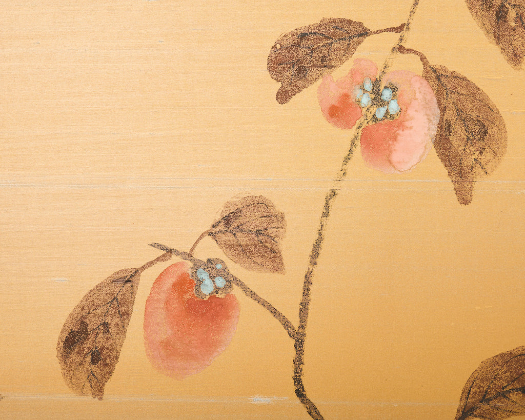Japanese Showa Four Panel Screen Persimmon Branch in Snow