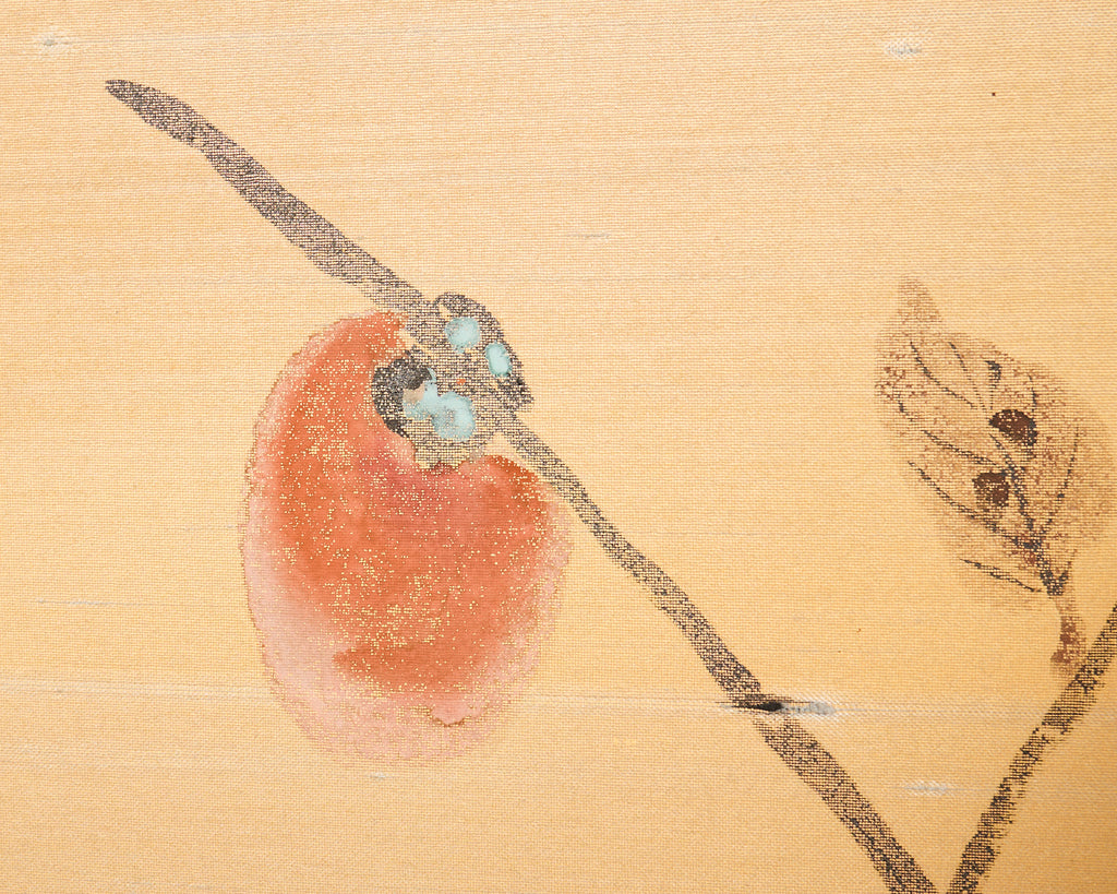 Japanese Showa Four Panel Screen Persimmon Branch in Snow