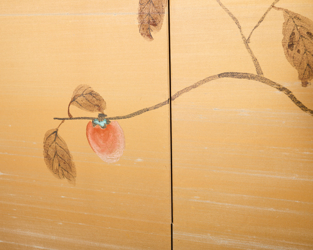 Japanese Showa Four Panel Screen Persimmon Branch in Snow