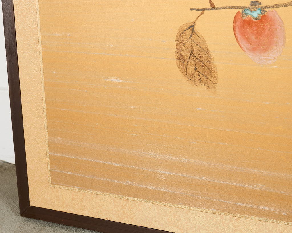 Japanese Showa Four Panel Screen Persimmon Branch in Snow