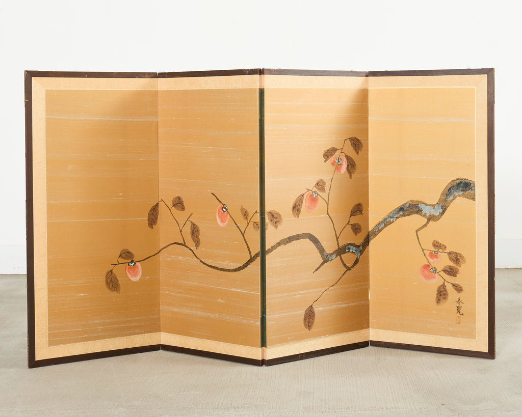 Japanese Showa Four Panel Screen Persimmon Branch in Snow