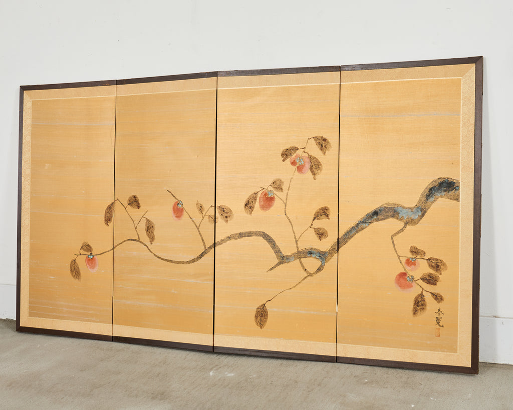 Japanese Showa Four Panel Screen Persimmon Branch in Snow