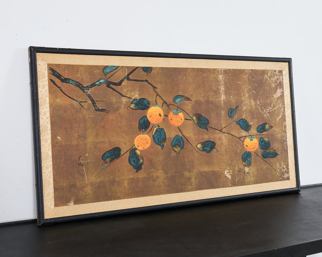 Japanese Showa Painted Panel Screen Persimmon Branch