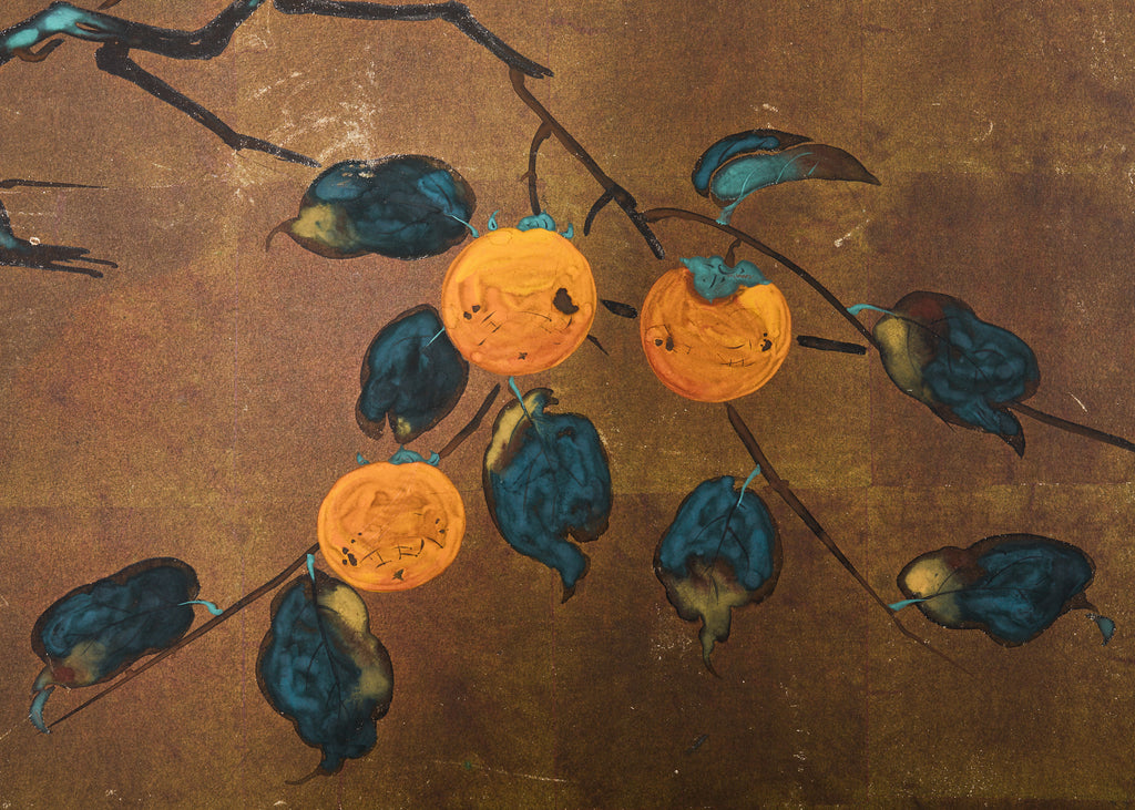 Japanese Showa Painted Panel Screen Persimmon Branch
