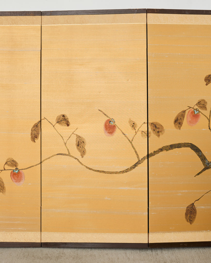 Japanese Showa Four Panel Screen Persimmon Branch in Snow