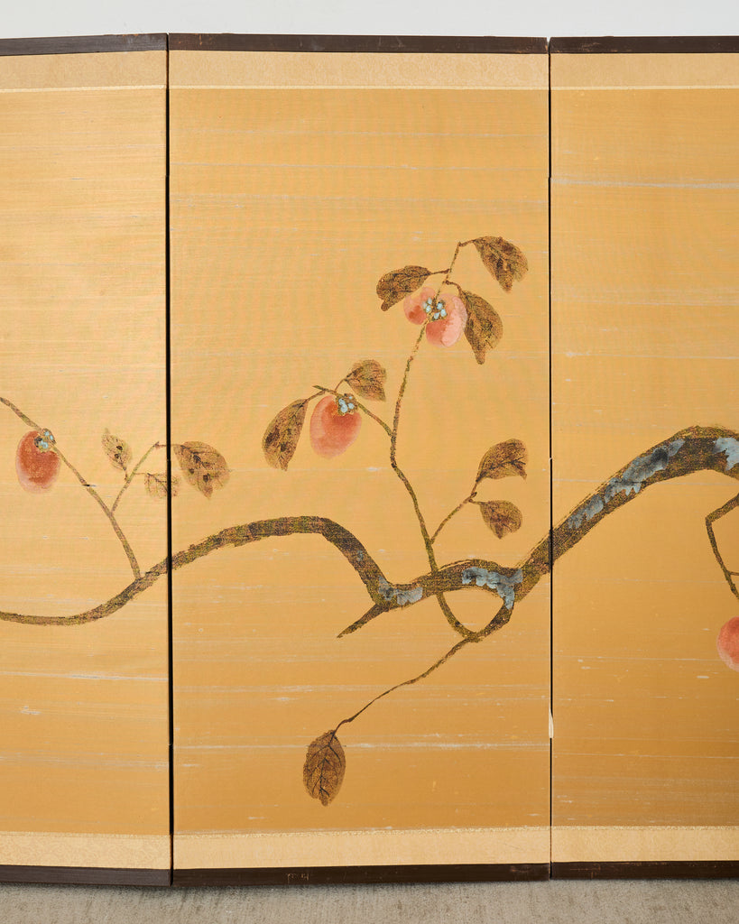 Japanese Showa Four Panel Screen Persimmon Branch in Snow