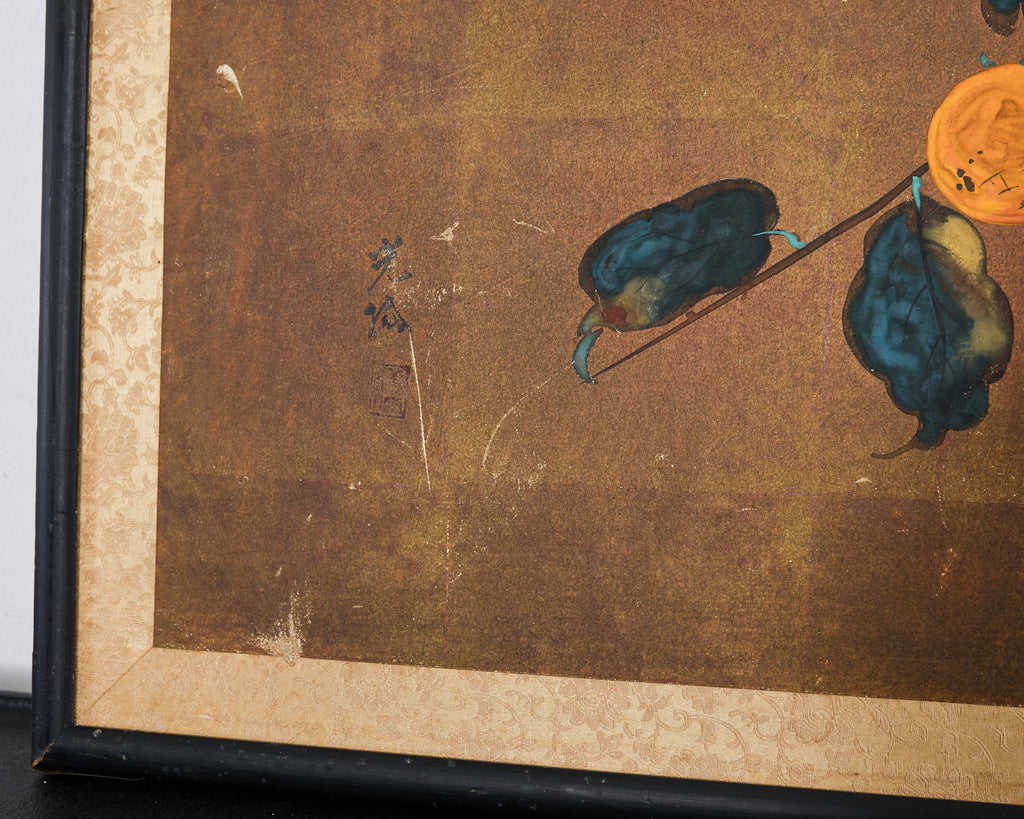Japanese Showa Painted Panel Screen Persimmon Branch