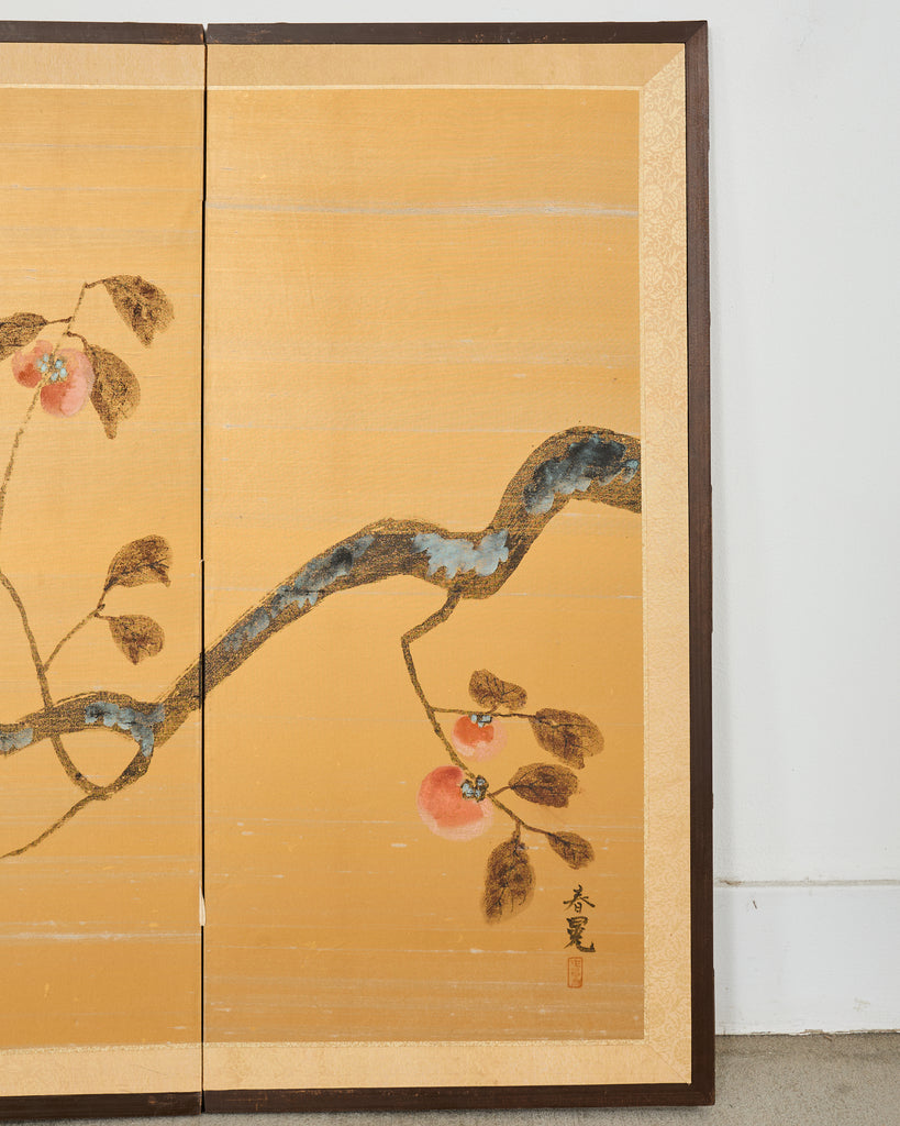 Japanese Showa Four Panel Screen Persimmon Branch in Snow