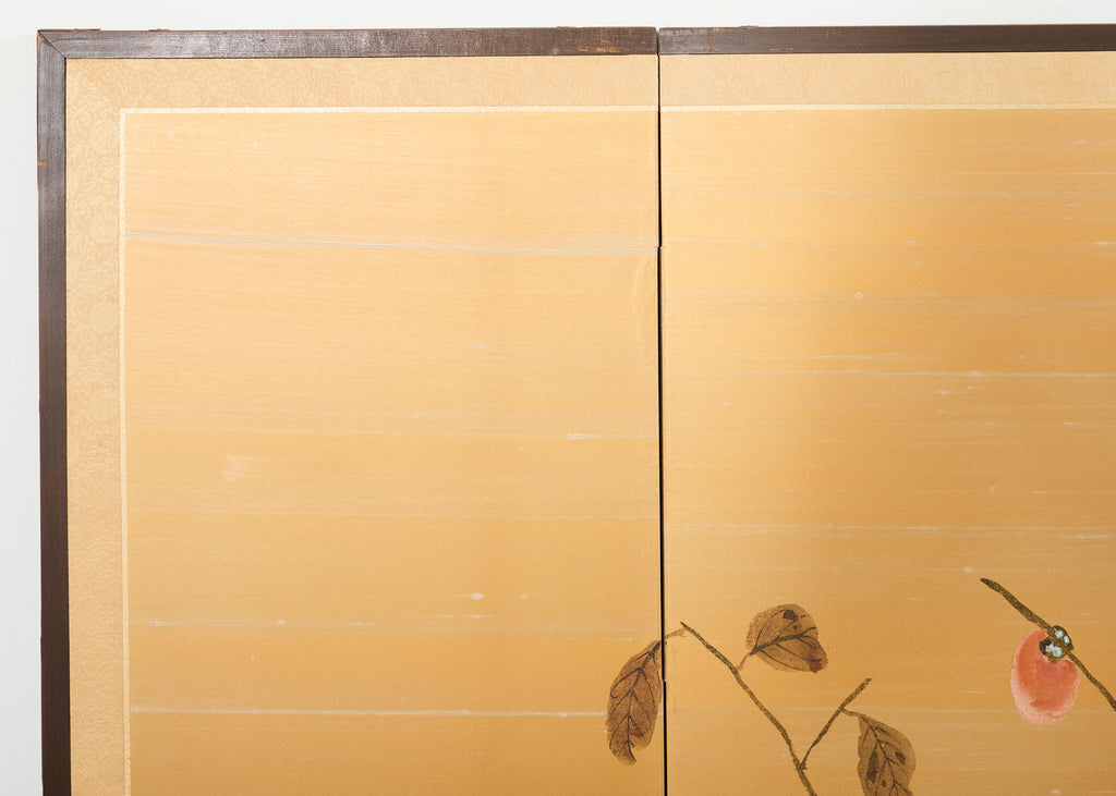Japanese Showa Four Panel Screen Persimmon Branch in Snow