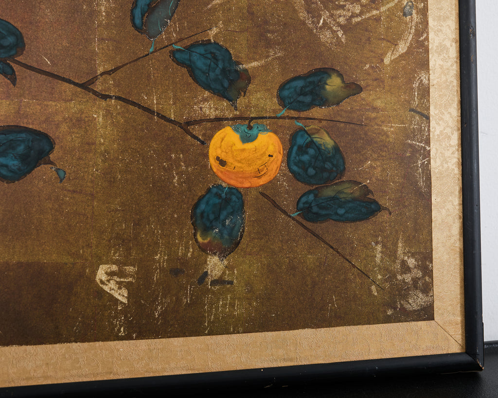 Japanese Showa Painted Panel Screen Persimmon Branch