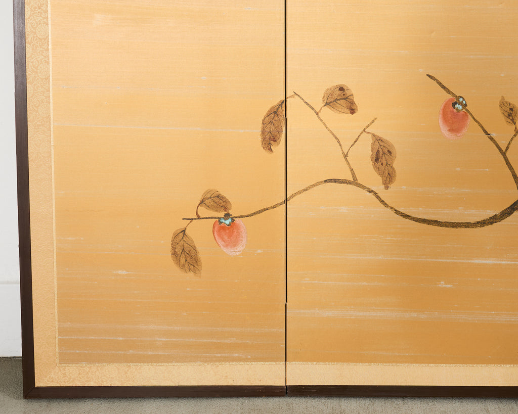 Japanese Showa Four Panel Screen Persimmon Branch in Snow