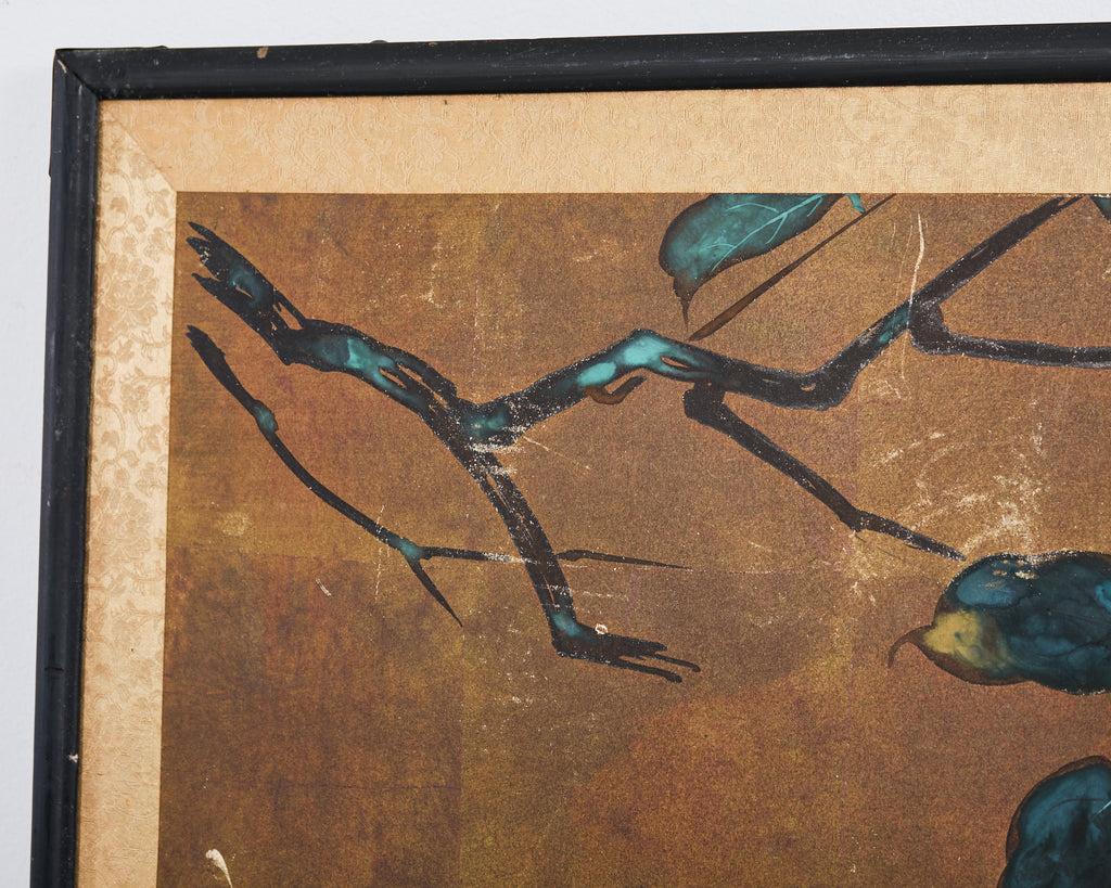 Japanese Showa Painted Panel Screen Persimmon Branch