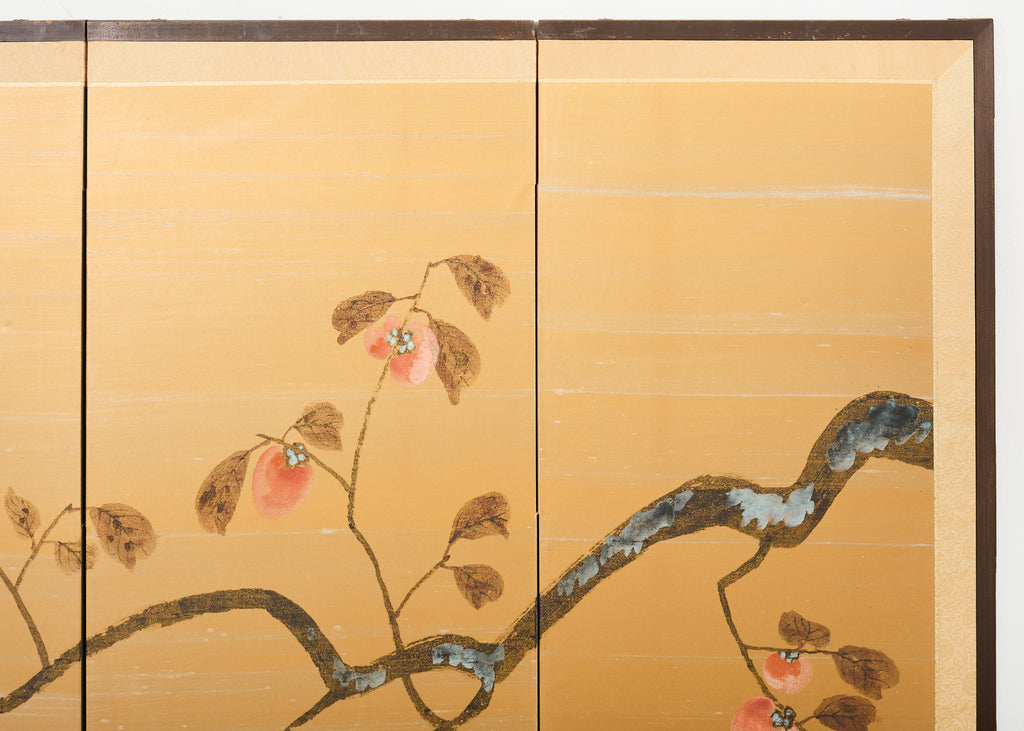Japanese Showa Four Panel Screen Persimmon Branch in Snow