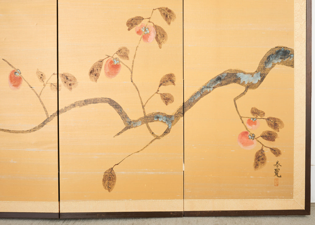 Japanese Showa Four Panel Screen Persimmon Branch in Snow
