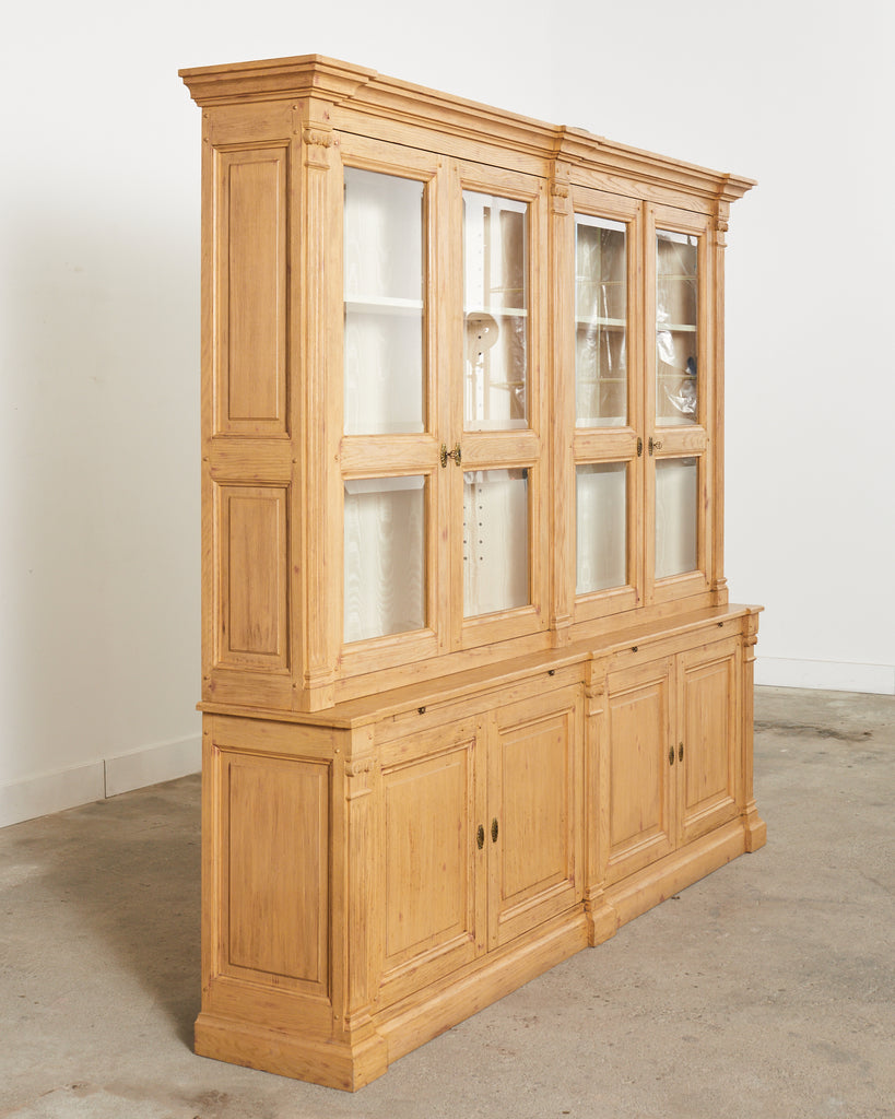 Neoclassical Style Oak Library Bookcase with Beveled Glass Doors