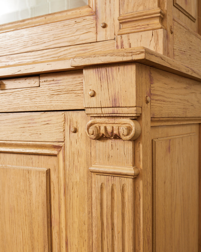 Neoclassical Style Oak Library Bookcase with Beveled Glass Doors