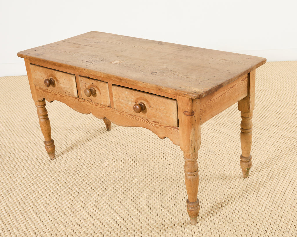 Country English Farmhouse Pine Three Drawer Console Table