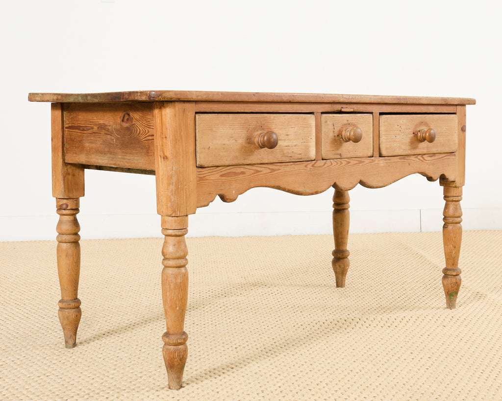 Country English Farmhouse Pine Three Drawer Console Table