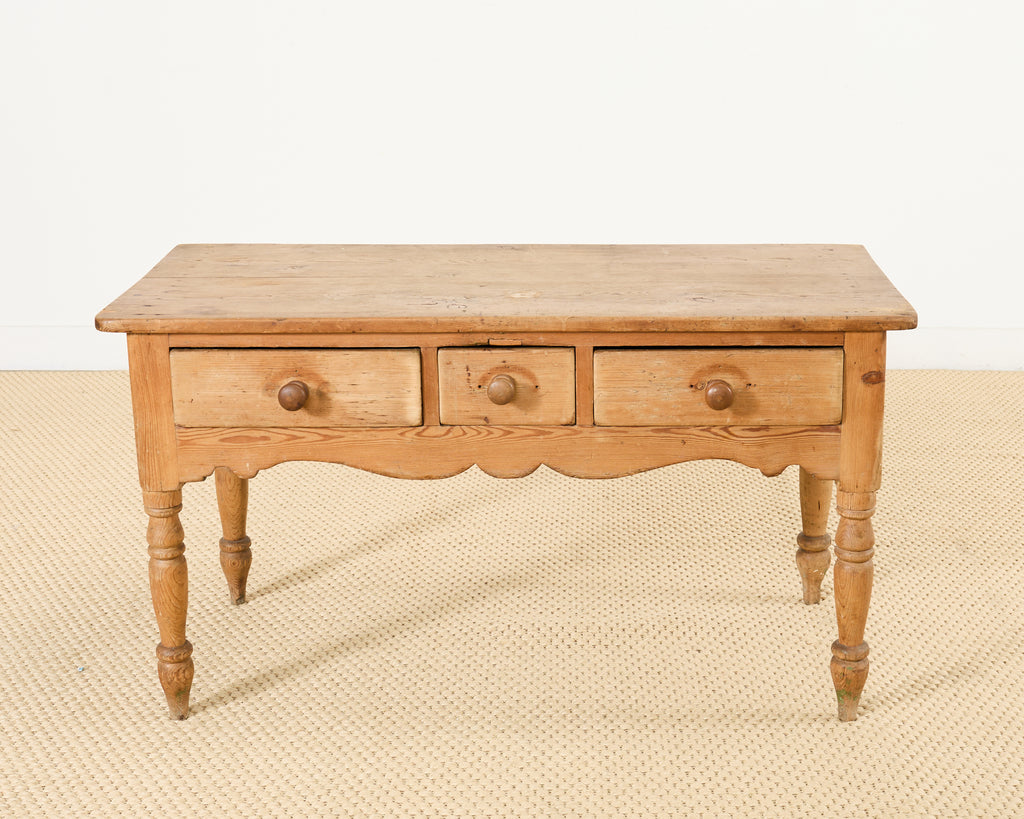 Country English Farmhouse Pine Three Drawer Console Table