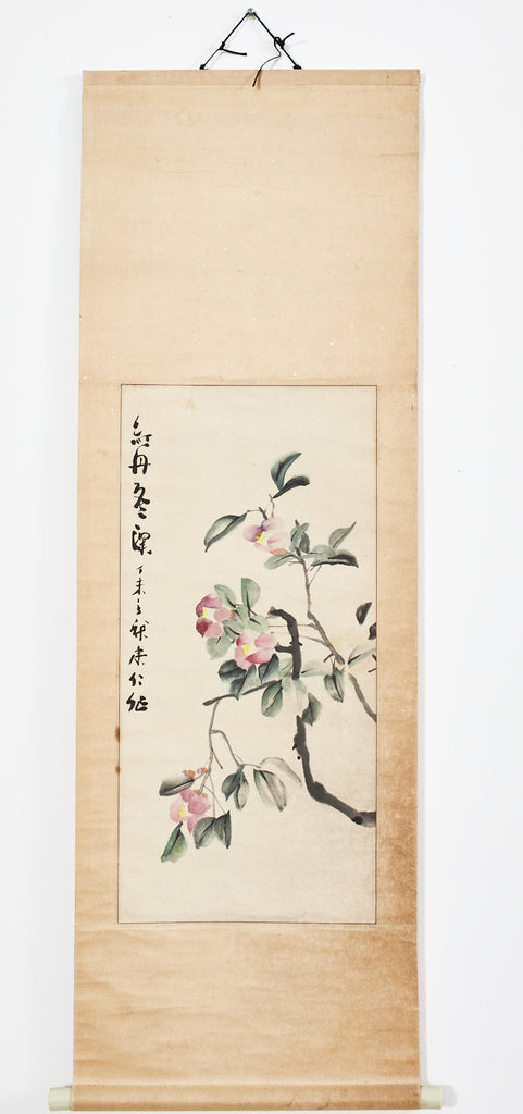 Chinese Hanging Scroll Painting of Camellias Signed Dated