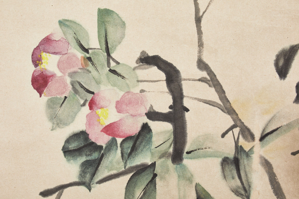 Chinese Hanging Scroll Painting of Camellias Signed Dated