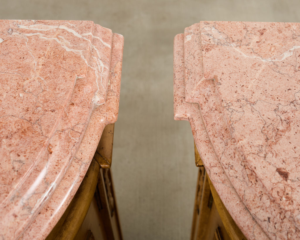 Pair Country French Provincial Marble Top Demilune Sideboards