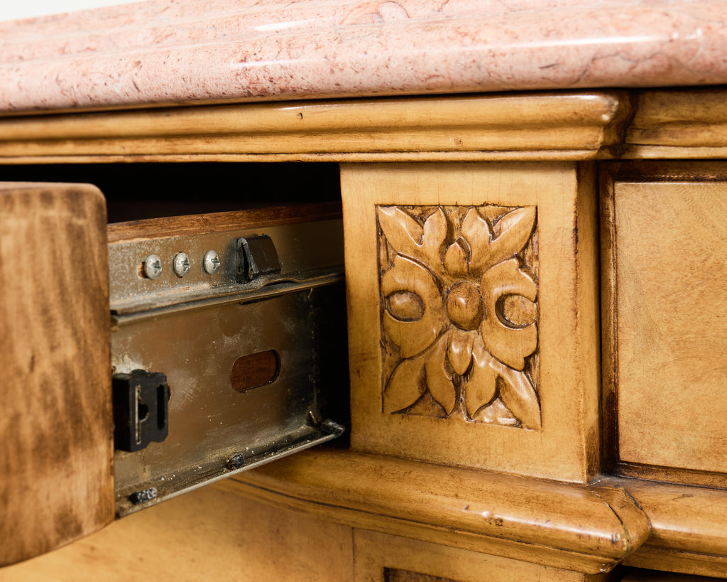 Pair Country French Provincial Marble Top Demilune Sideboards