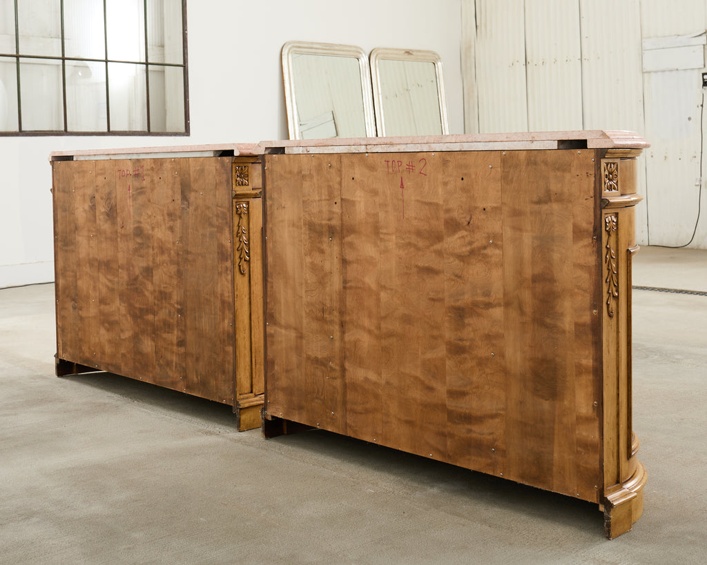 Pair Country French Provincial Marble Top Demilune Sideboards